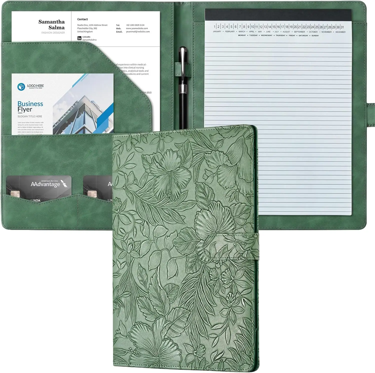 

Faux Leather Padfolio with Floral Design, Letter-Sized Resume Organizer for Business Meetings & Interviews, Document Holder with Business Card Slots