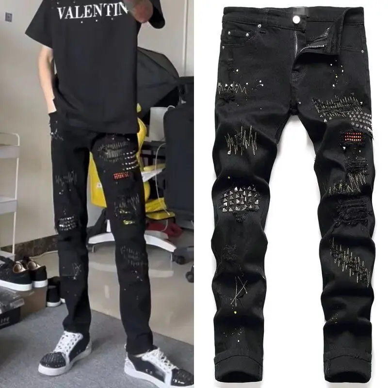 Luxury Jeans for Man Original Elastic Embroidery Slim Jeans 2026 Autumn Ripped Rivets Nightclub Street Trendy Black Pants Men