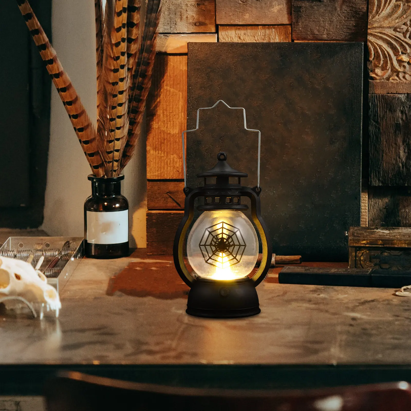 2Pcs Halloween Lantern Vintage Plastic Decorative Spiderweb Lantern Handheld LED Lights for Indoor Outdoor Holiday