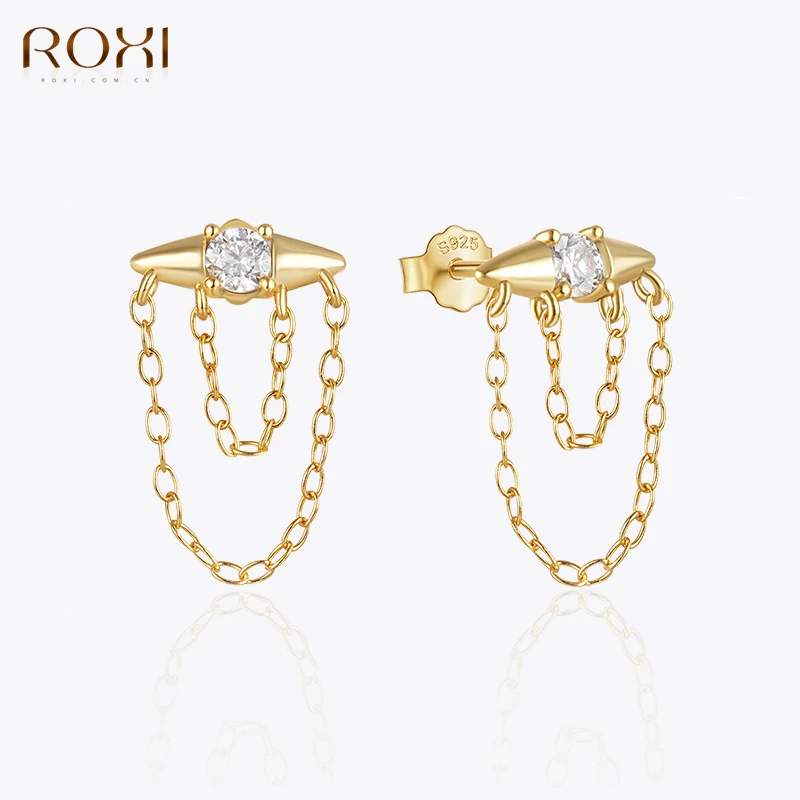 ROXI 925 Sterling Silver Punk Trend Eye Zircon Double Chain Tassel Stud Earrings For Women Party Jewelry Pendiente Plata 925