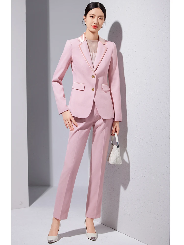 ZJYT Autumn Ladies Formal Business Blazer Pant Sets Two Pieces Womens Outfit Elegant Jacket Suit Trousers Office Work Wear Pink