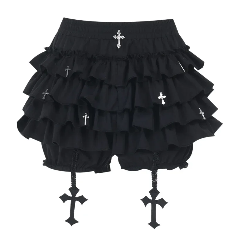 

Halloween Goth Aesthetic Y2K Party Club Harajuku Streetwear Women's Ruffled Mini Shorts Skirt with Cross Gothic Mini Skirt