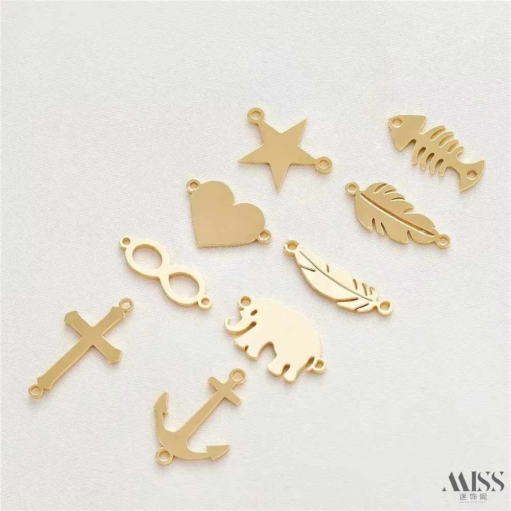 14K Gold-wrapped Glossy Love Leaf Anchor Double Pendant Flat Piece Pendant DIY Bracelet Necklace Earrings Accessories