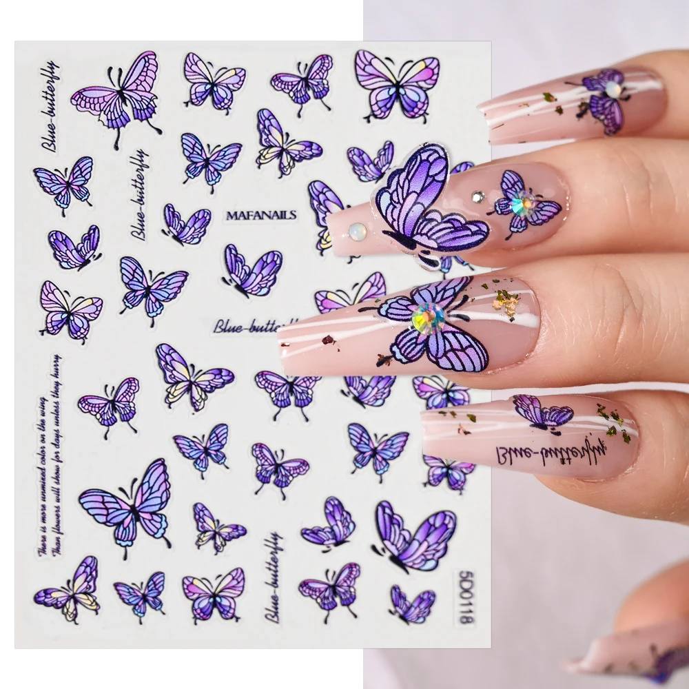 1PCS Purple Butterfly Laser Nail Art Stickers Y2K Acrylic Engraved Butterfly Adhesive Decals 5D Relief Manicure Sliders Wraps