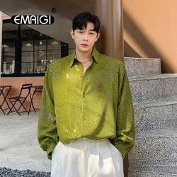 Nightclub DJ Net Celebrity Singer Sequin Shirts Men Women Streetwear Fashion Loose Casual Long Sleeve Vintage Party Dress Shirts