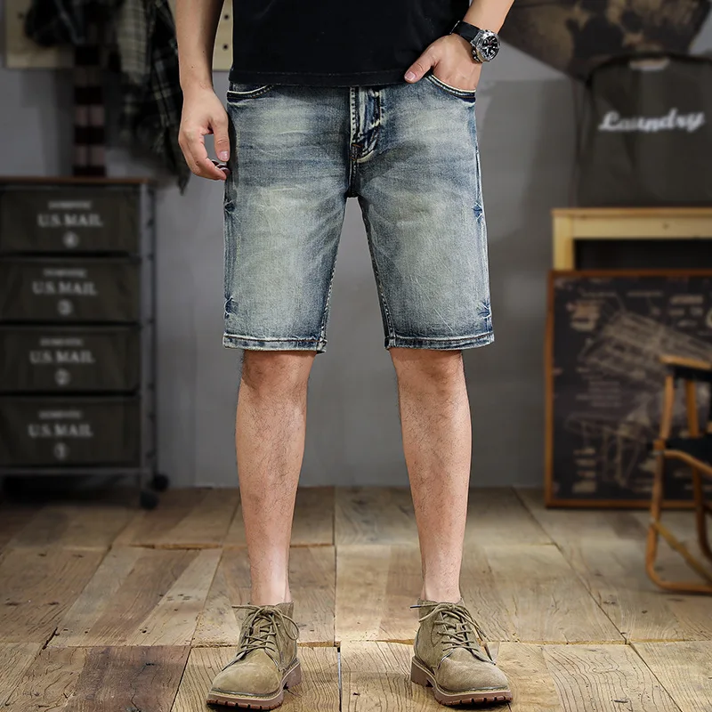 2024 new high-end retro washed men's jeans shorts summer new fashion casual street fashion all-match slim straight pants