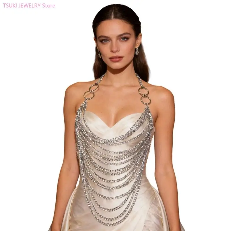 62KE Multi Layer Fringe Body Jewelry Adjustable Metal Chest Chain Halter Backless Crop Top For Women Beachwear Accessory