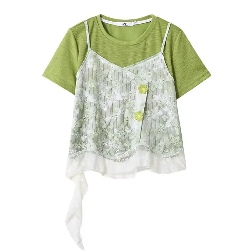 Korean Style Fake Two‑Piece Short Sleeved T‑Shirt Women's Summer Butterfly Lace Patchwork Irregular Top Green Fashion Top 2026 N