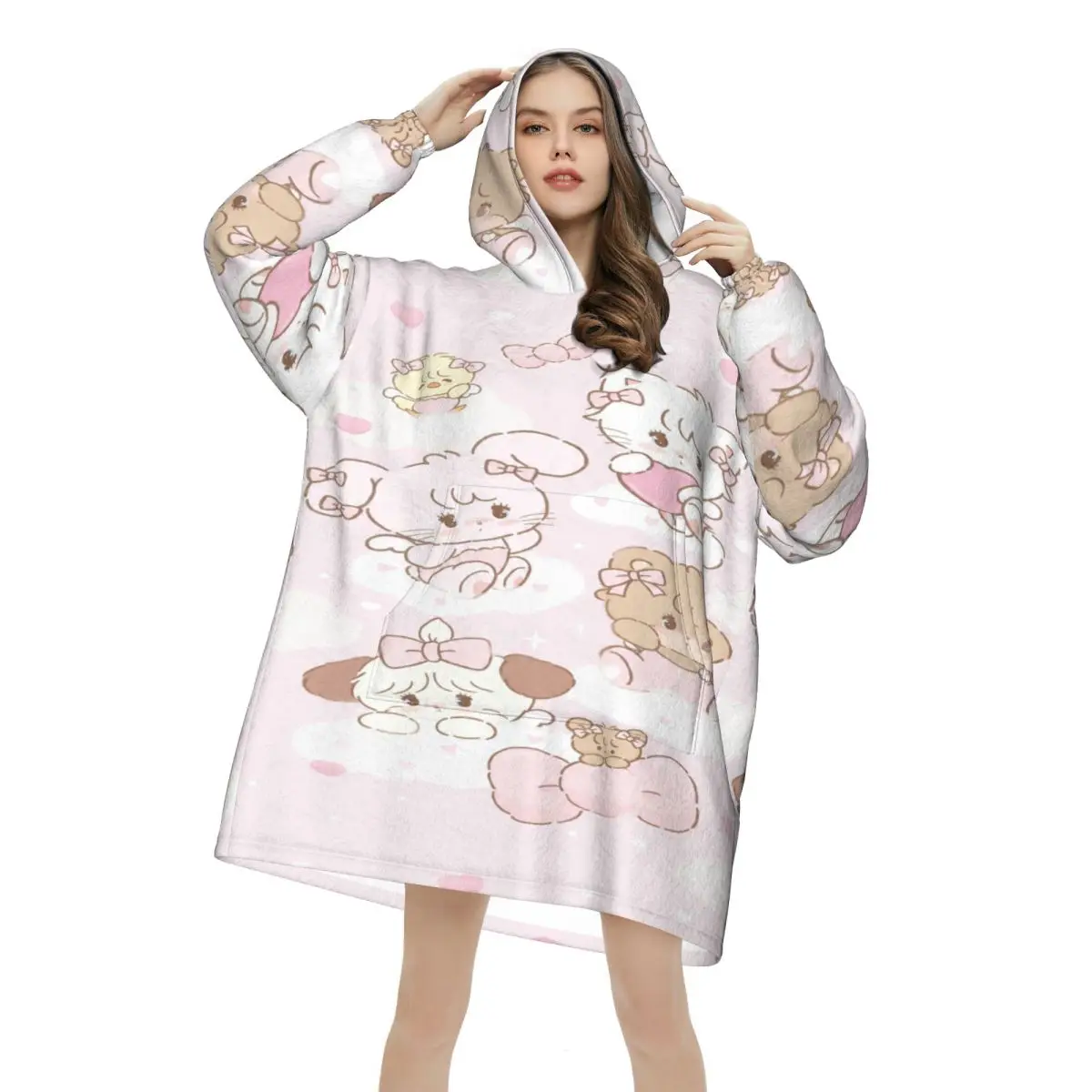 Pink Cartoon Mikko Mousse Blanket Hoodie Oversized Wearable Sweatshirt Blanket Warm Gifts for Women Girls Girlfriend