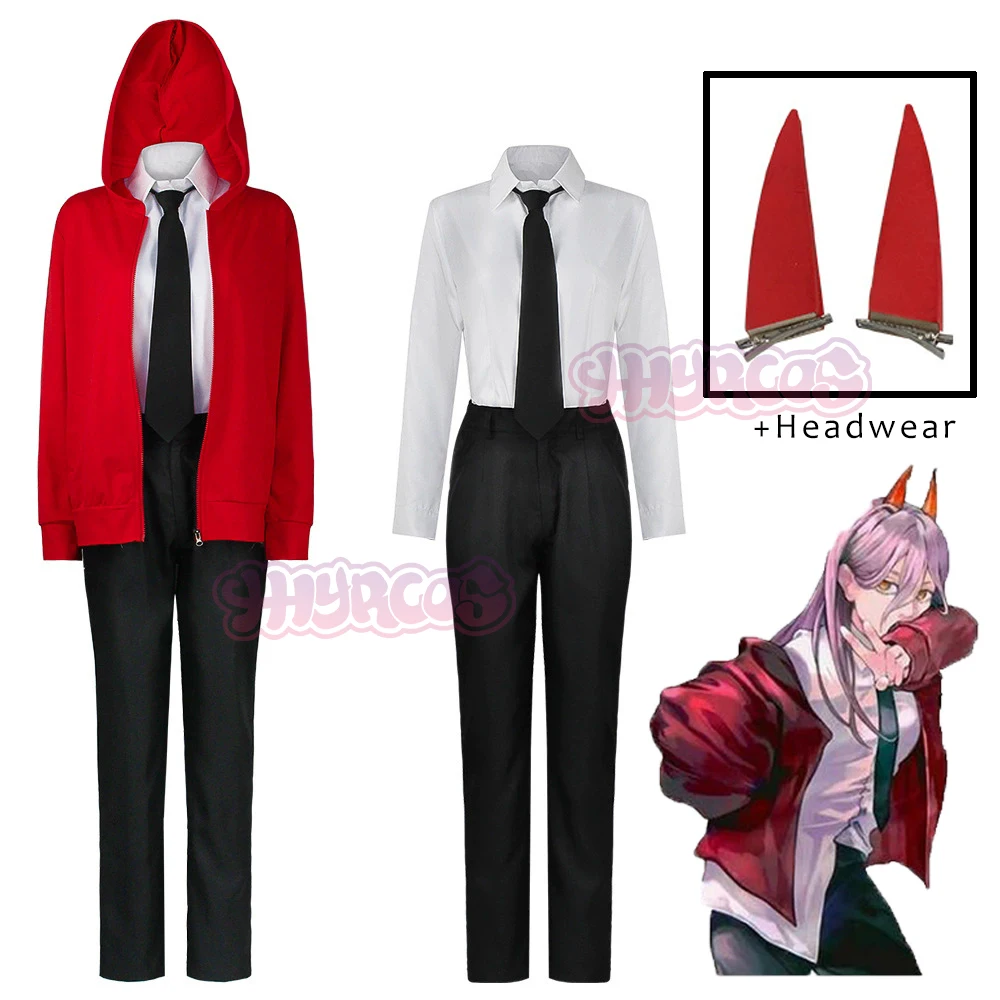 

5PCS Power Cosplay Costume Headwear Chainsaw Man Outfits Blue Suit Shirt Tie Short Neck Ring Women Anime Uniform Halloween