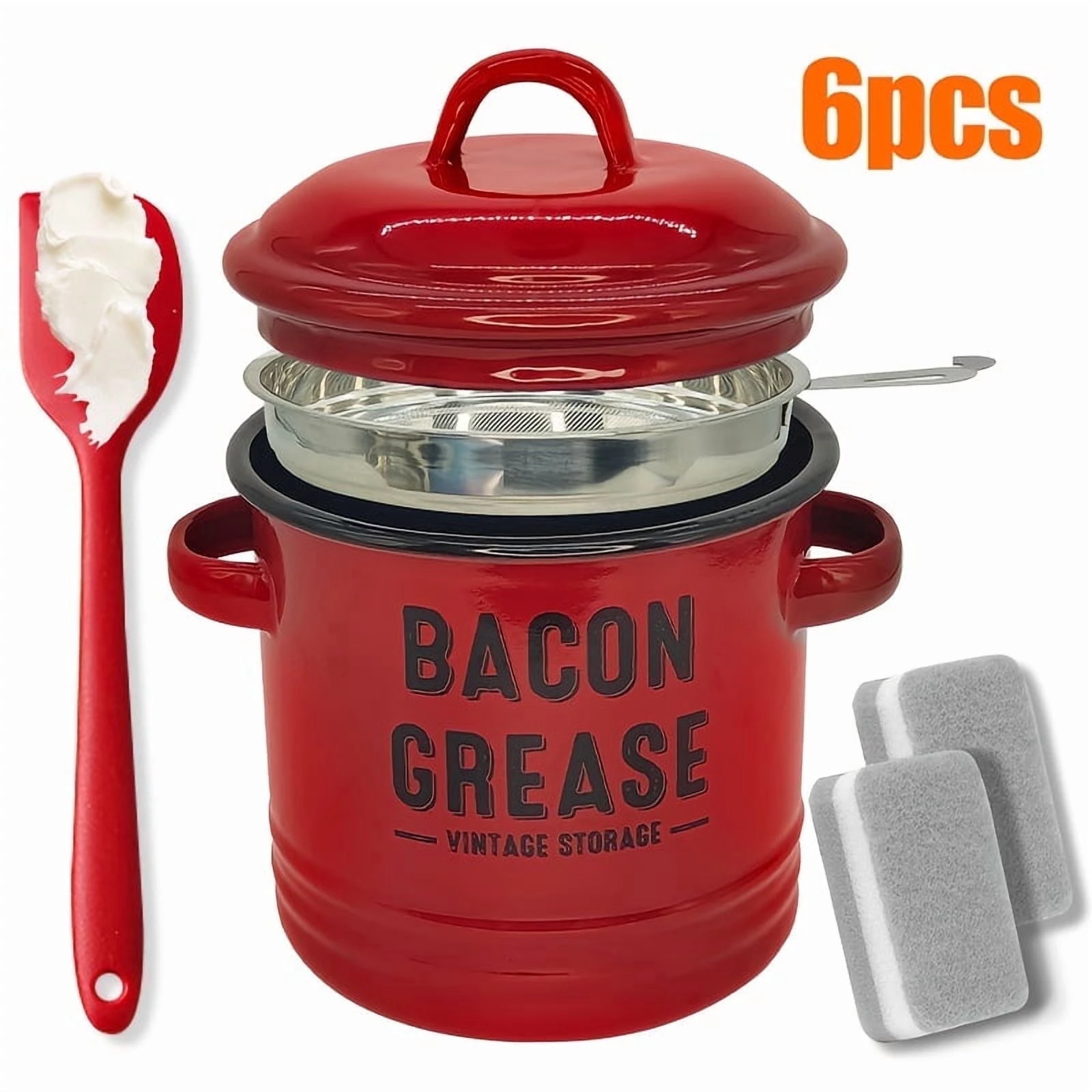 46 Oz Grease Container with Filter, Scraper, Strainer & Silicone Spatula, Cooking Pot Keeper, Dishwasher Safe