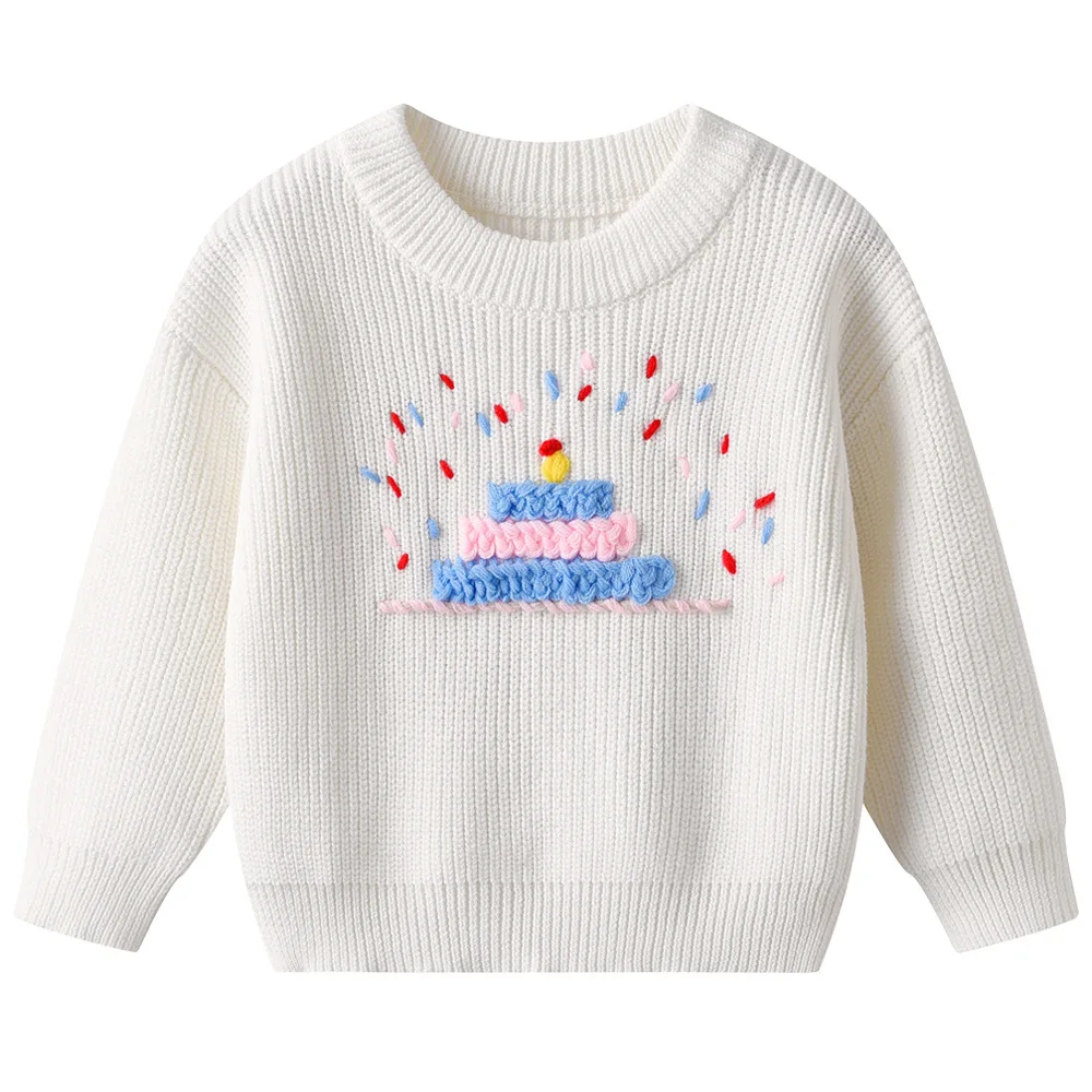 Teen Girl Clothes 2025 Children Winter Baby Solid Color Knit Sweater Costumes Hand Embroidered Birthday Cake Kids Thermal Tops
