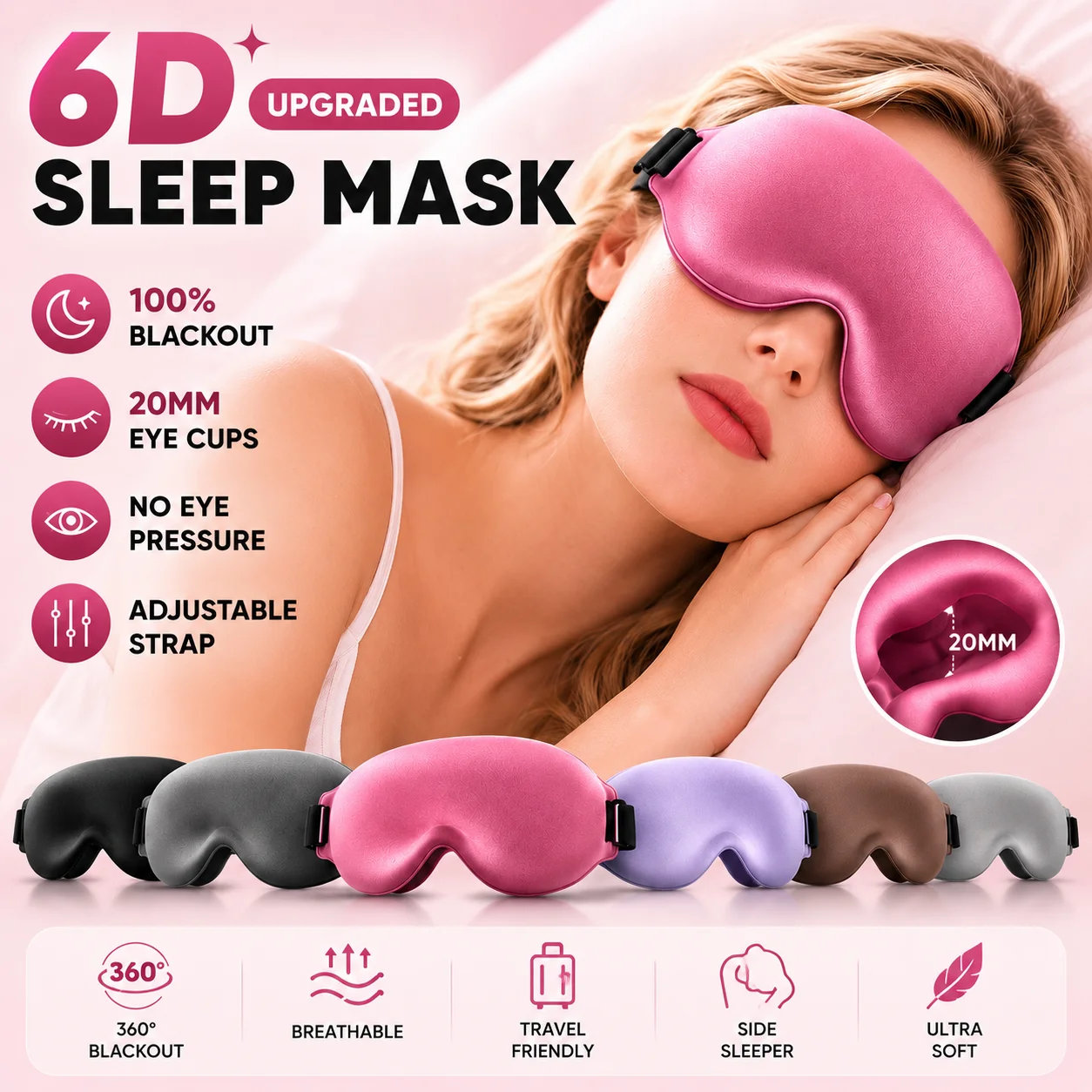6D Contoured Sleep Mask 3D Molded Eye Cup Blindfold, Zero Pressure Light Blocking Eye Mask for Men Women, Soft Breathable Night