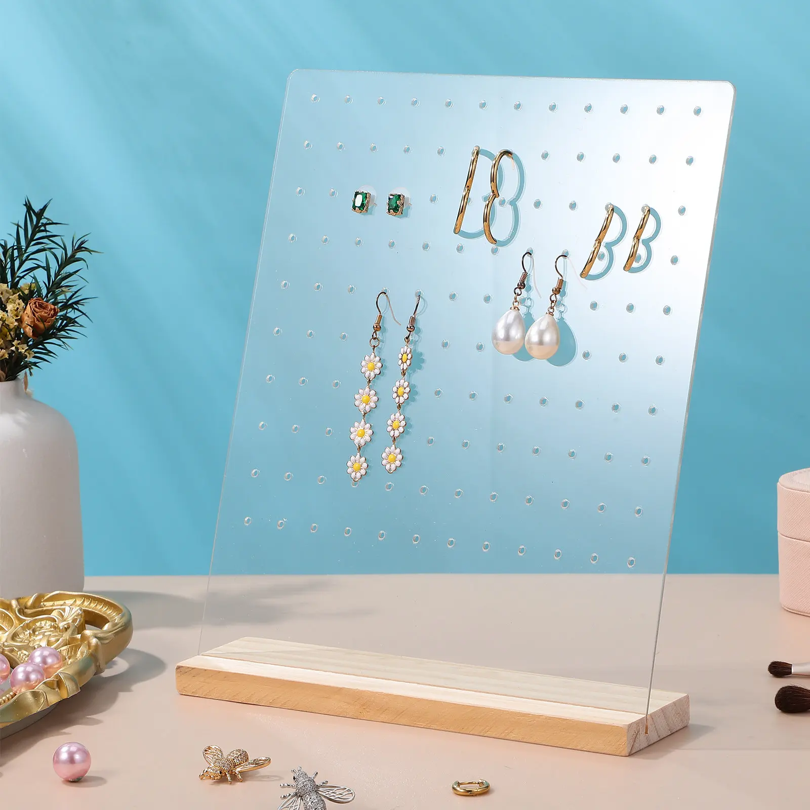

4Pcs Transparent Acrylic Earring Display Stand Wood Base Detachable Holder Stud Organizer Jewelry Storage Rack 120 Holes