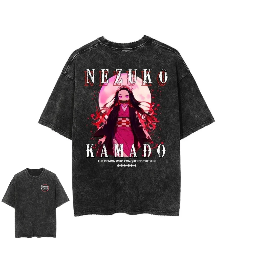 

Anime Vintage Washed T Shirt Men Women Demon Slayer Graphic Tee Fashion 2026 Cotton Short Sleeve Casual Tops Streetwear