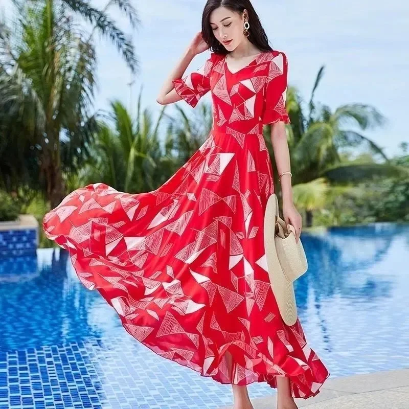 

2024 New Women Floral Print Wrap Long Holiday Dress Ruffles Female Casual Boho Dress Beach A Line Dress Party Vestdos Clothing