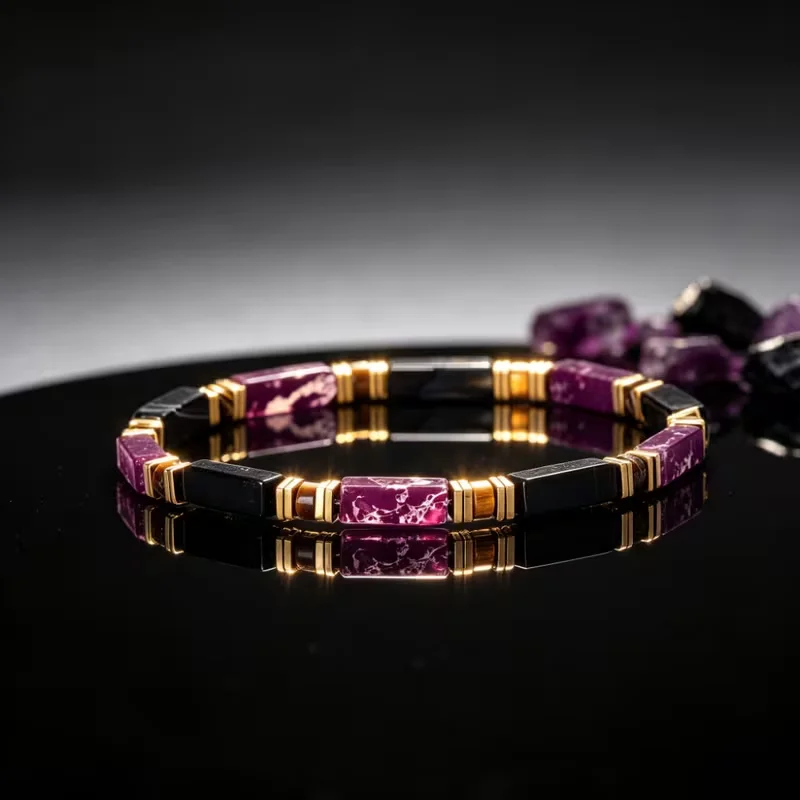 Natürliches Lila Kaiserjaspis & Schwarzes Onyx Rechteckiges Armband für Frauen mit Tigerauge-Abstandsstückern, Partyschmuck, Geschenke – Detail 2