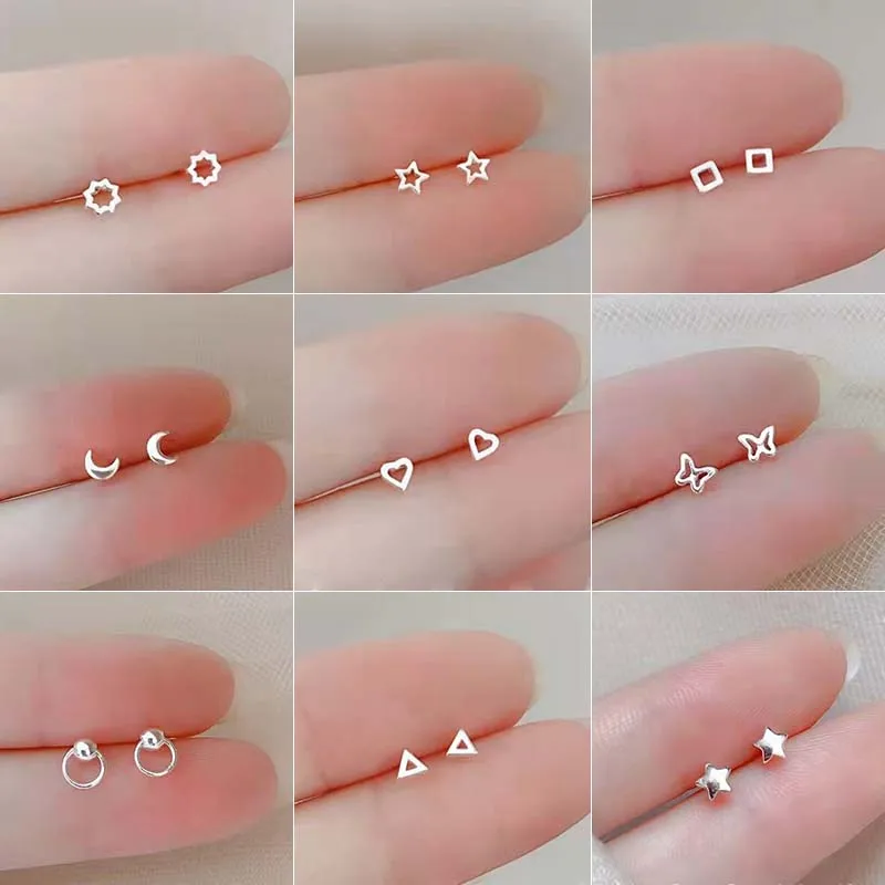 Pendientes pequeños minimalistas chapados en plata coreanos, Mini pendientes pequeños con forma de corazón y estrellas para mujeres, estudiantes y