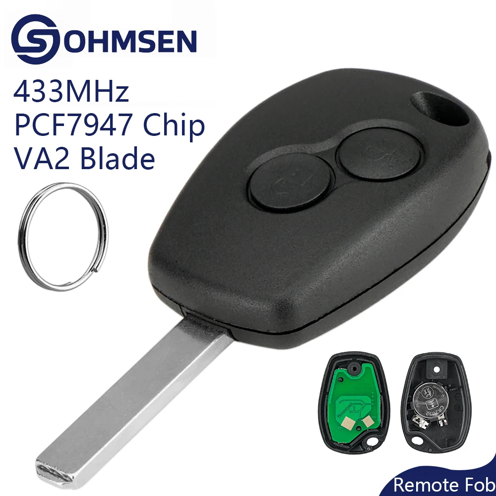 

OHMSEN 2B Remote Car Key Fob 433MHz +Chip for Renault Trafic Master Modus Kangoo Clio Dacia Duster Logan Sandero Vauxhall Vivaro