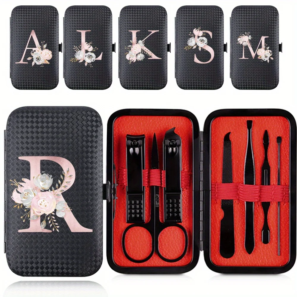 

7pcs Stainless Steel Nail Clipper Set Home Use Nail Care Set with Organizer Dead Skin Removal Pink Flower Letter Pattern