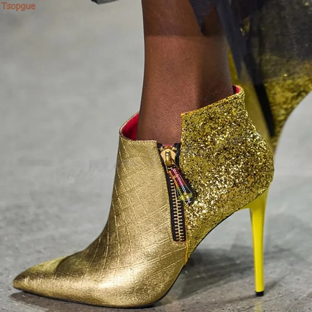 

Gold Side Zipper Pointed Toe Boots Stilettos High Heels High Heels High Heel Shoes for Women Heels 2025 New Zapatos Para Mujere