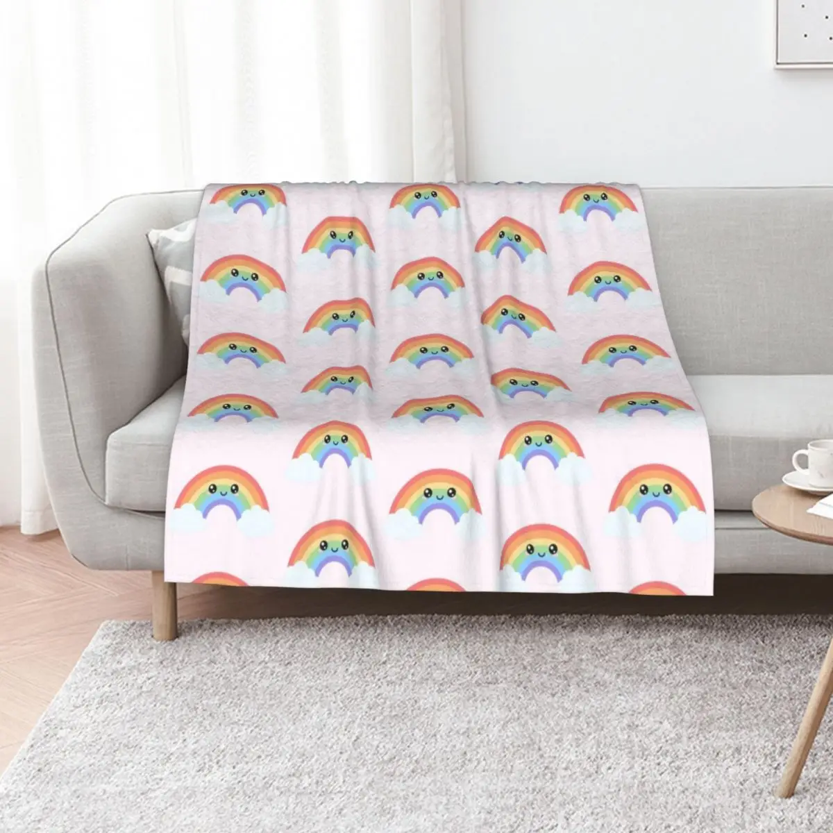 Rainbow Pastel Happy Blushing Smiling Clouds Throw Blanket manga Single decorative Decorative Beds Hairys Shaggy Blankets