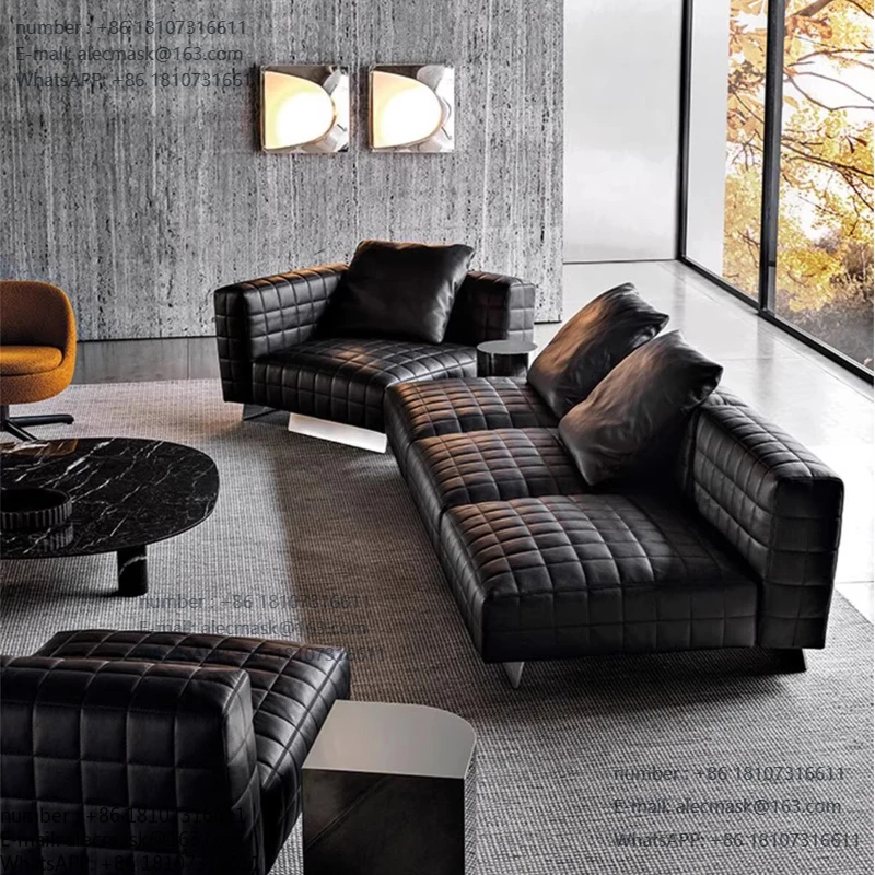 

Italian minimalist chessboard sofa villa large flat high-end modern light luxury Internet celebrity designer leather sofa