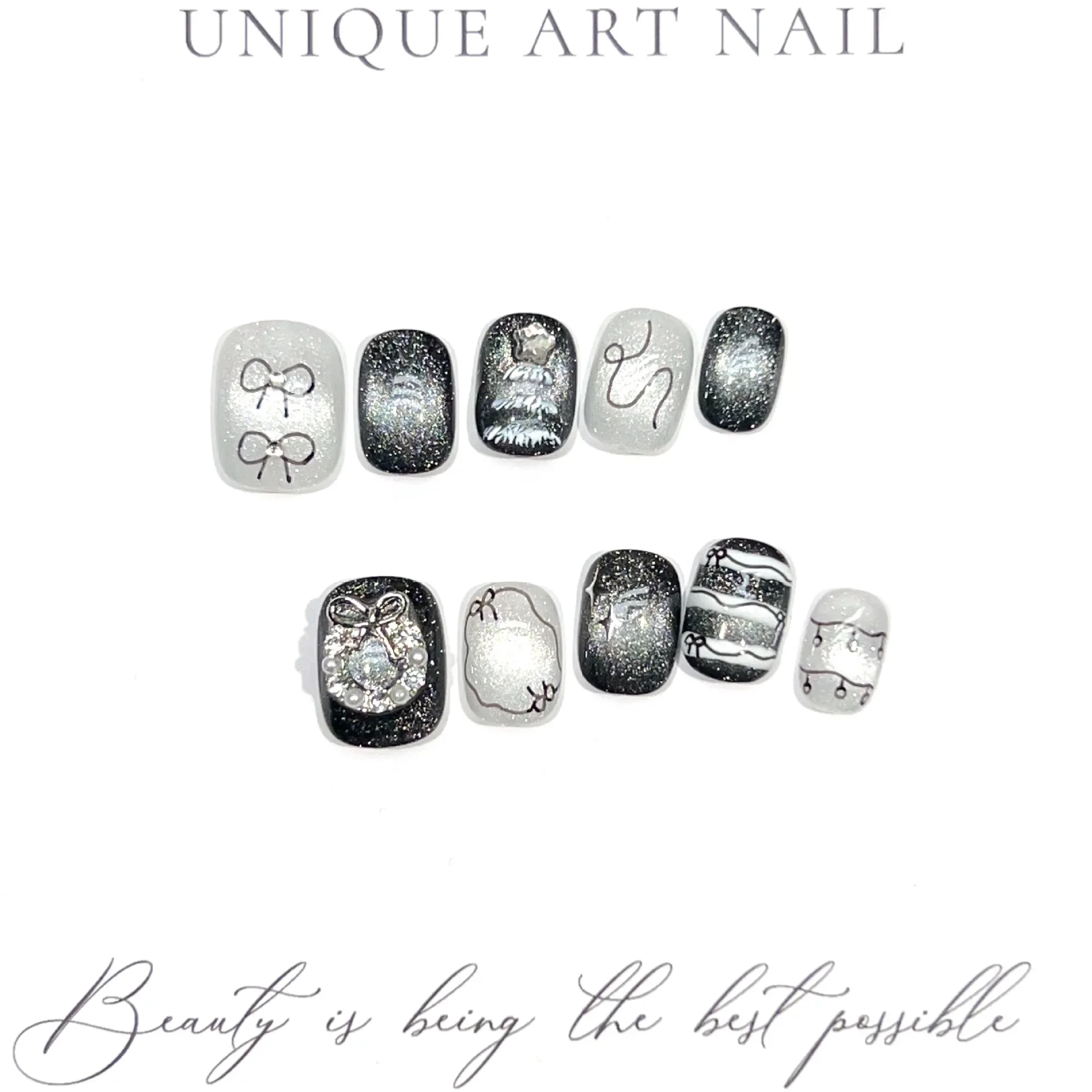 الشتاء الأرز قصيرة الصحافة على الأظافر اليدوية أبيض وأسود اللون الصدام عين القط سوبر بريق القوس بقع الأظافر وهمية #4