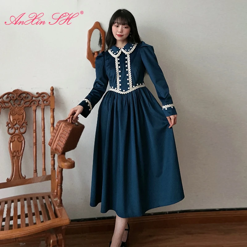 Anxin sh princesa retro vintage lapela tribunal cisne azul veludo elegante manga longa flor renda zíper vestido de noite personalizado