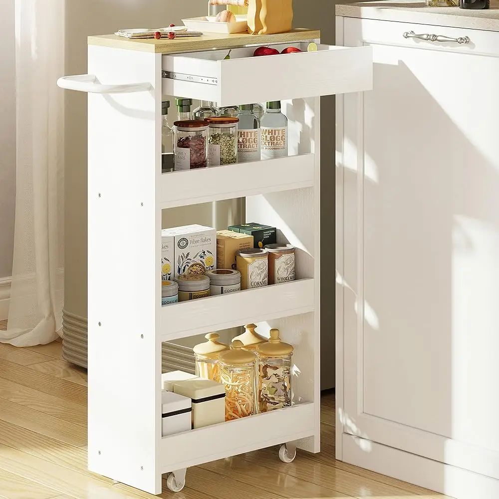 

Slim Storage Rolling Cart With Drawer And Wheels And Handle, 4 Tier Slide Out Utility Kitchen Cart For Small Spaces Kitchen