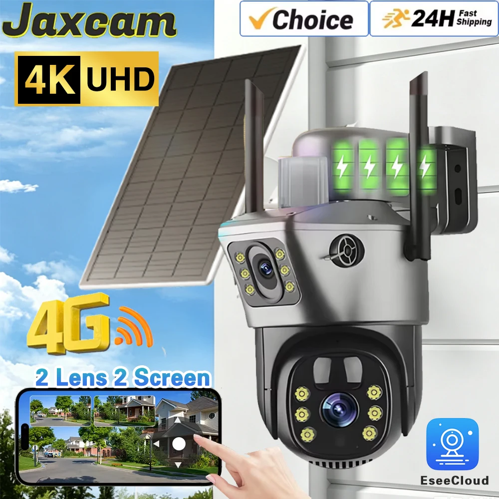 Caméra solaire 4G/WiFi à double objectif 8MP 4K EseeCloud avec détection humanoïde PIR, vision nocturne couleur, caméra extérieure avec carte SIM 4G gratuite d'un an
