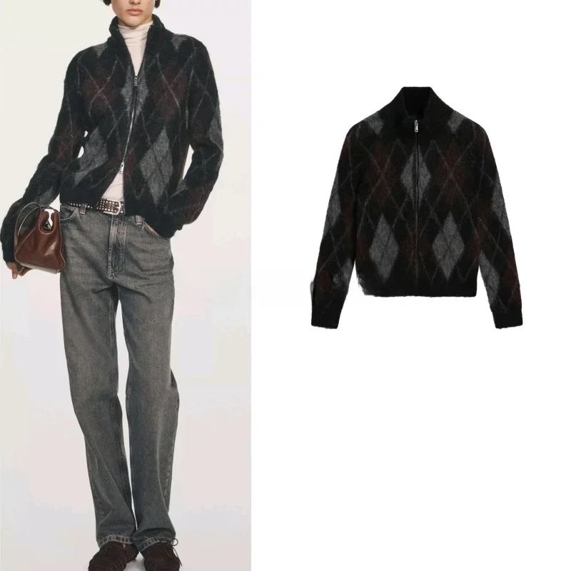 

Новый зимний женский свитер с высоким воротником и молнией, украшенный открытой передней частью, длинный свитер из полиэфирного волокна для колледжа и ромба...