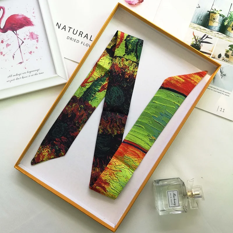 Art Van Gogh Wheat Field Apricot Flower Starry Sky Oil Painting Handle Wrap Skinny Ribbon Neckerchief Scarf for Women