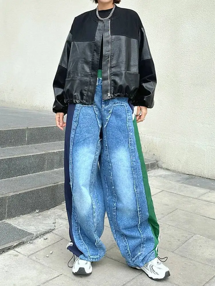 سترة سوداء برباط كبيرة الحجم من جلد البولي يوريثان سترة جديدة بياقة واقفة وأكمام طويلة معطف نسائي موضة المد ربيع الخريف