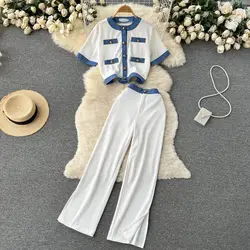 Contrast Color High Sense Suit Women's Single-Breasted Short Short Sleeve Shirt Top Split Wide Leg Pants Two-Piece Set