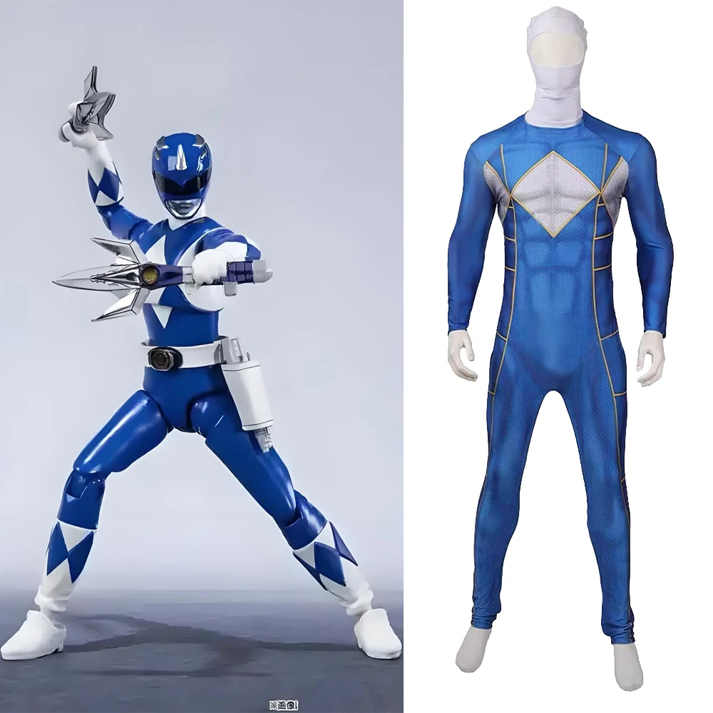 

Kyoryu Sentai Zyuranger Cosplay Boys Triangle Dragon Company Blue Warrior Printed Spandex Outfits Halloween Zentai Bodysuit Kids