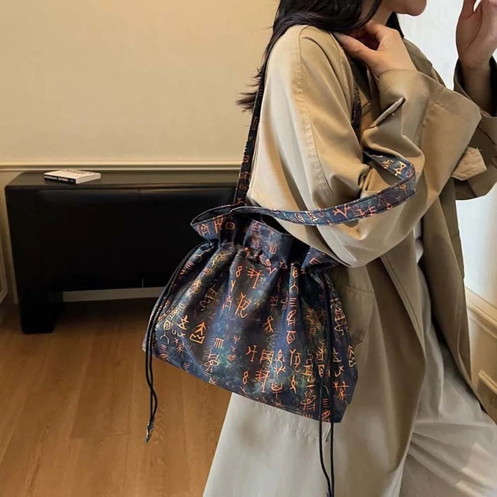 

Storage Bag Cotton Hanfu Drawstrings Bag Retro Flower Chinese Printed Shoulder Pouch Characters Pocket Embroidery Handbag Girls