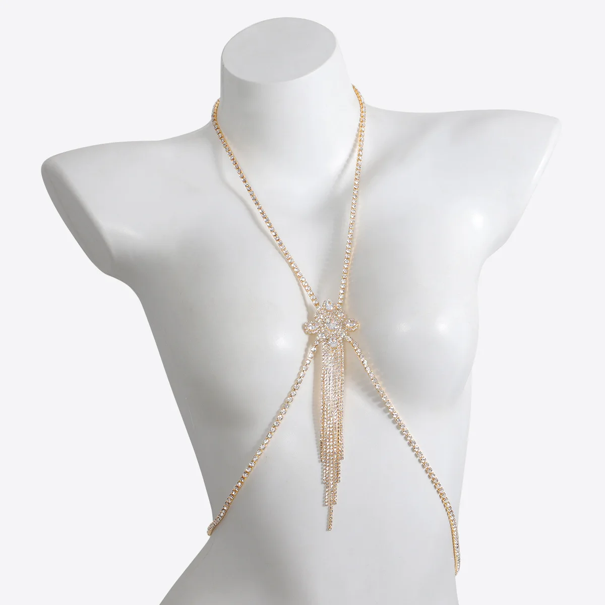 Crystal Flower Tassel Body Chain Intricate X Shape Chest Bracket Sexy Bridal Wedding Body Jewelry Exotic Lingerie Accessory