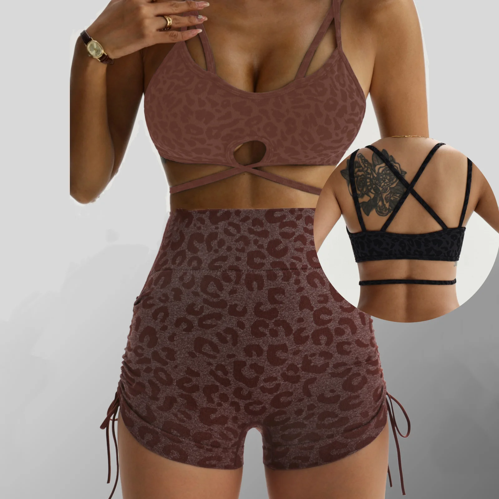 Sexy Leopard Print Yoga Set Cross back Strap Fitness Sports Bra Outdoor Wear Fixed Strap Underwear Fitness Gym Trendy Yoga Set