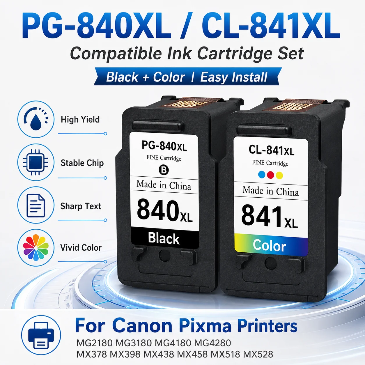PG-840XL CL-841XL Compatible Ink Cartridge 2-Pack Black Color for Canon Pixma MG2180 MG3180 MX378 MX528