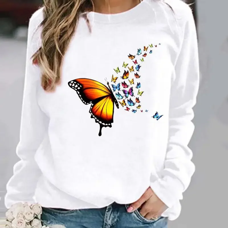 Europe and United States Butterfly Dandelion Print Pattern Crewneck Hoodie Top Sweatshirt  Streetwear Women  Clothes Sweatshirts