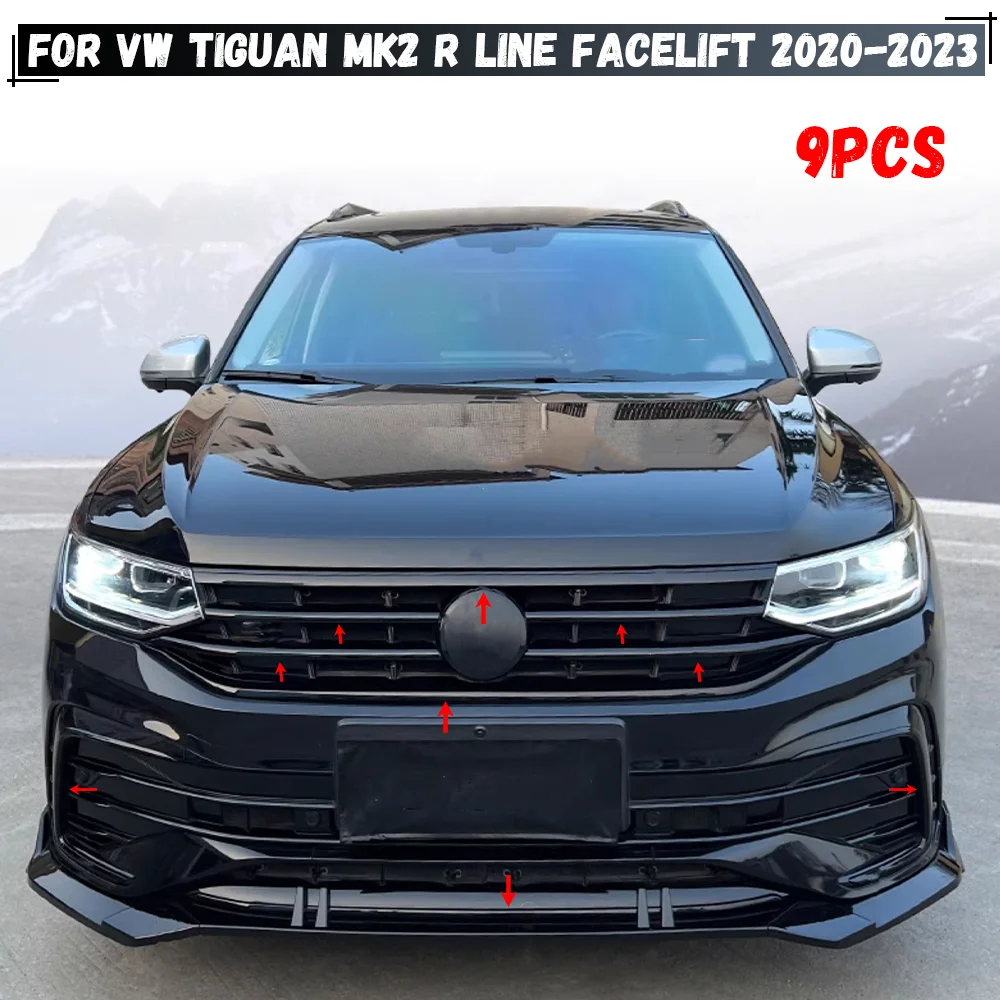 For Volkswagen VW Tiguan MK2 R Line Facelift 2020-2023 Black Car Front Bumper Grille Trim Grill Decoration Strip Covers
