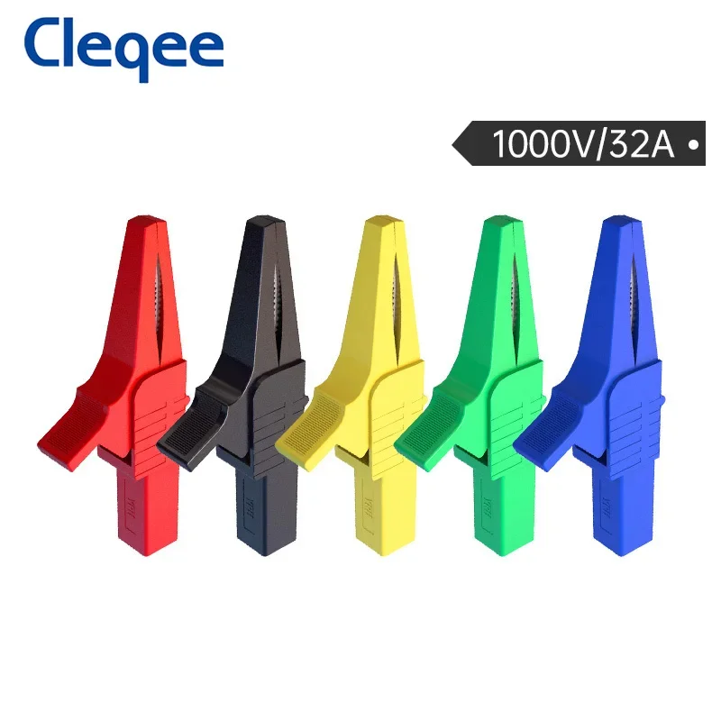 Cleqee P2003 5PCS Heavy Duty Alligator Clip Safety Copper Crocodile Clamp Multimeter Test Clips with 4mm Banana Socket 32A 1000V