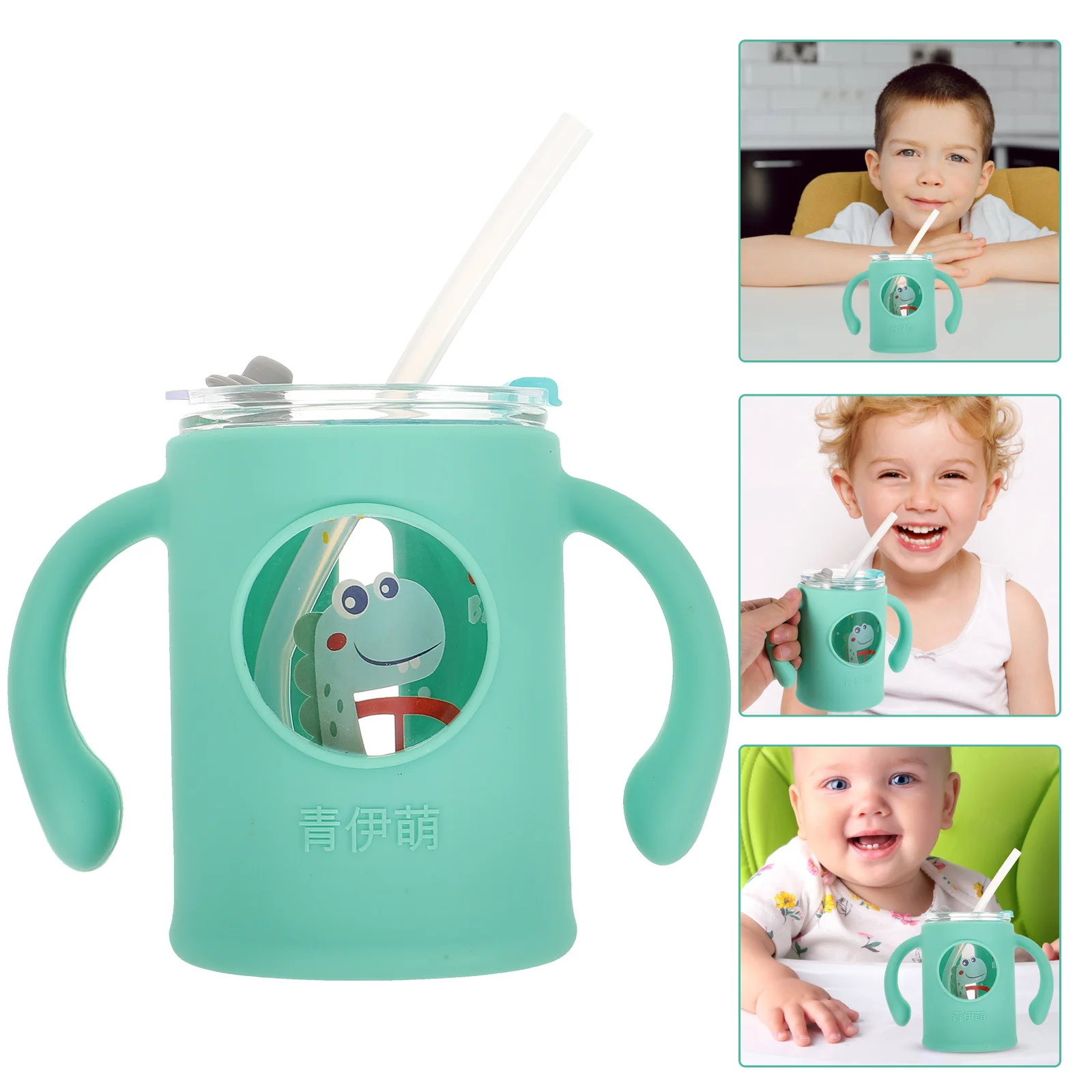 

Glass Toddler Cups Double Handle Straw Baby Use Milk Cups Cartoon Design Unbreakable Lightweight Portable Safe