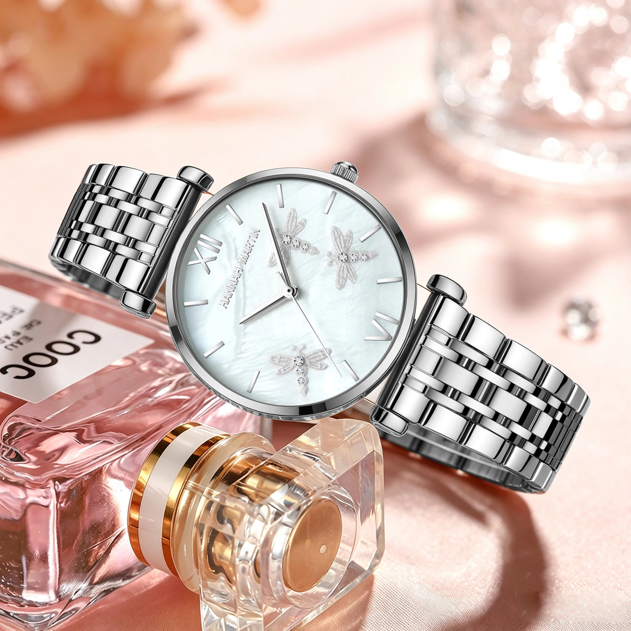 Hannah Martin Gorgeous Rhinestone Watch 36mm Dragonfly Relief Dial Japan Movement Fashion Palace Style Waterproof Quartz Watches
