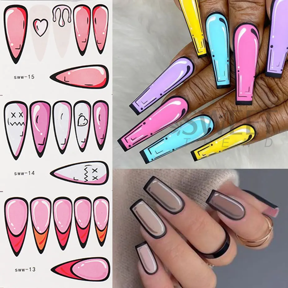 12pcs Anime Water Decals Comic Color Book Nails 2023 New Year Cartoon French Manicure Stickers Nail Art Sliders Decoration JISWW