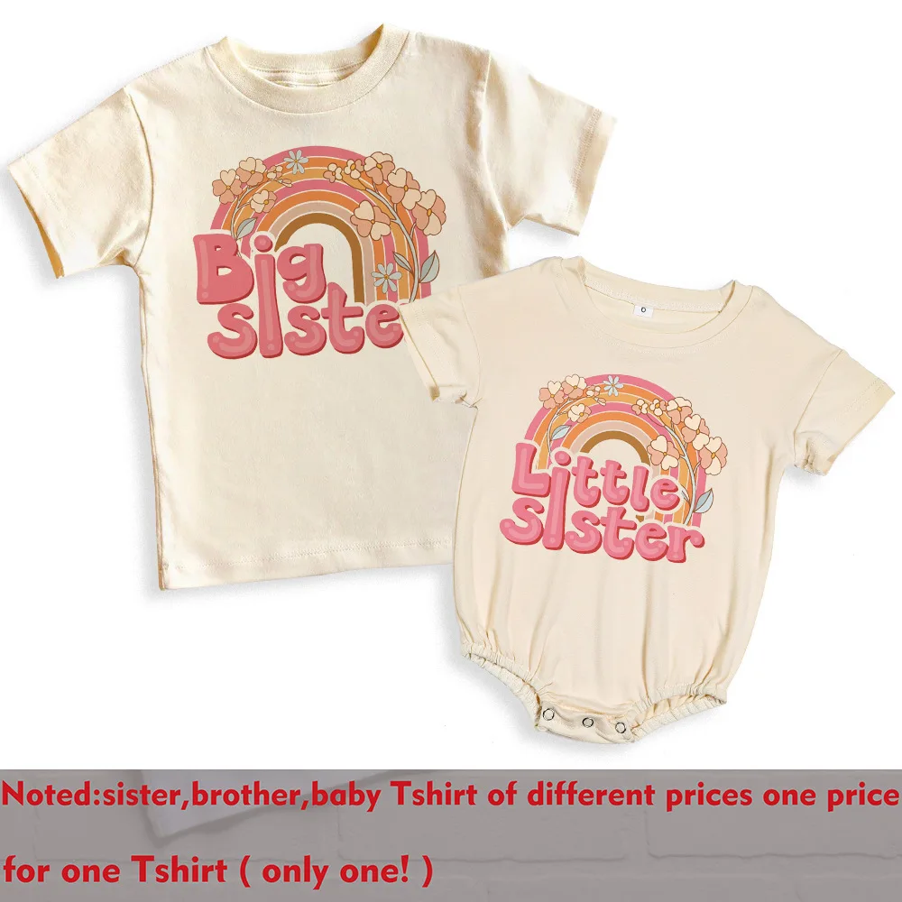 Big Sister Little Sister Rainbow Shirt Retro Sibling Matching Outfit Kids Short Sleeve T-shirt Tops Baby Large Bubbles Romper