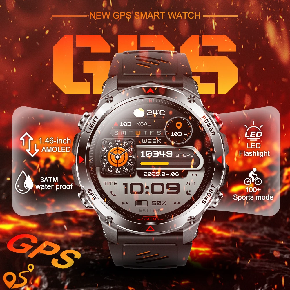 

2025 Новые спортивные умные часы GPS 1,46 "HD светодиодный фонарик 540 мАч мужские 100+ спортивные 3ATM водонепроницаемые умные часы с компасом и беспроводным вызовом
