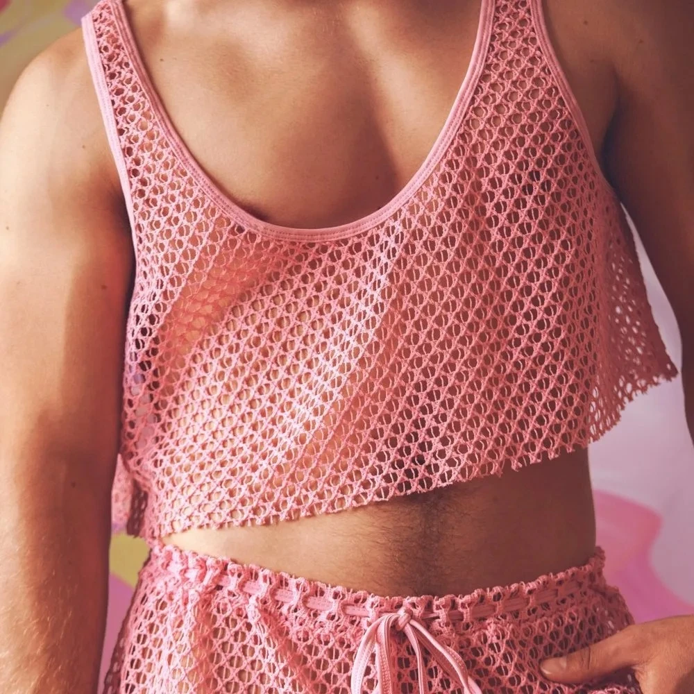 New Fishing Net Men's Vest Shorts Set Current Pink Personalized Sexy Suspender Vest Men