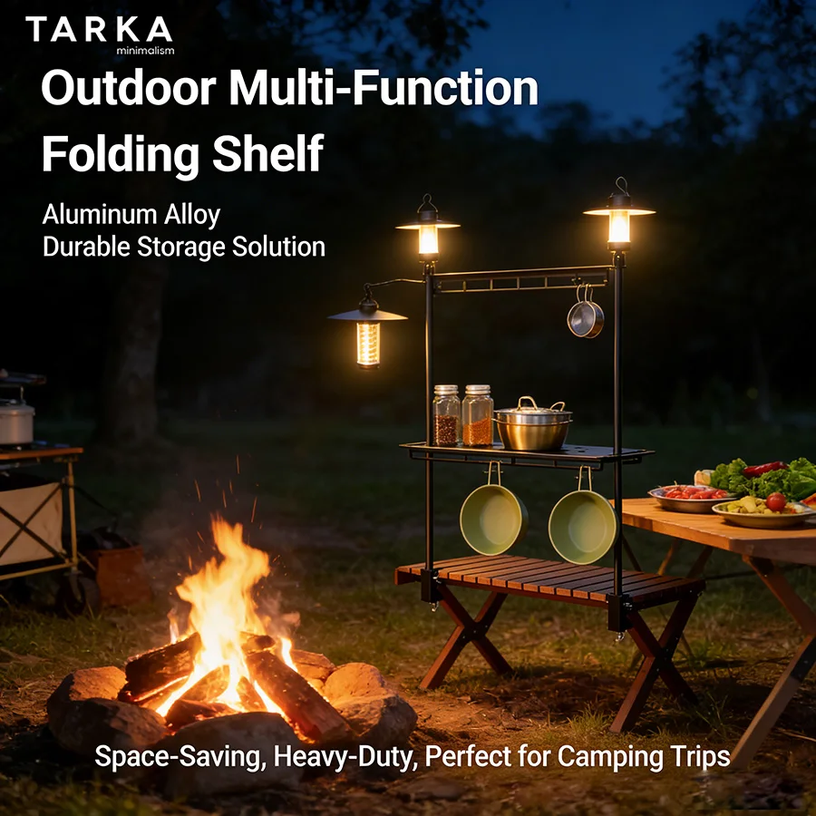 TARKA Camping Shelf Lantern Stand, Tableware Tools Hanging Rack,  Multifunctional IGT Tabletop  Storage Rack Light Holder